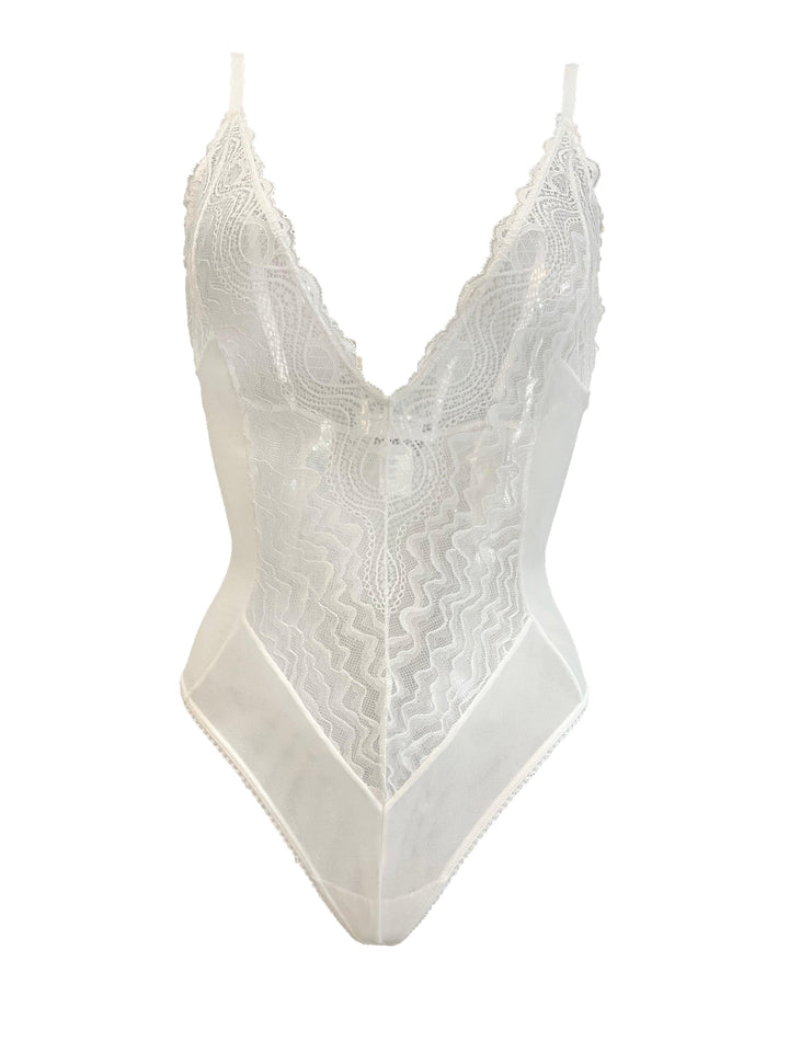 SPIDER'S WEB TULLE & LACE CONTOUR V-NECK BODYSUIT
